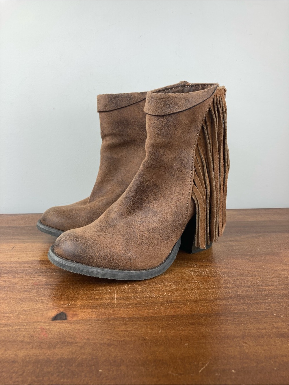 Altar’d State Brown Fringe Ankle Booties High Block Heel Boots Zip Women's 7.